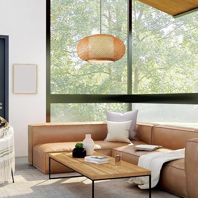 Bamboo Pendant Light Basket Weave Hanging Light, 1 Light Elegant Rattan Chandelier for Kitchen Island Nursery (23")