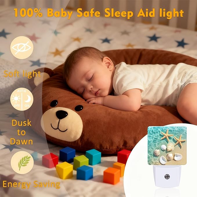 Starfish and Seashell Night Light for Kids, Dusk-to-Dawn Auto Sensor Plug in Night Light, 0.5W Energy Saving Non-Toxic Design for Bedroom/Bathroom, Ideal Gifts for Women, Men & Kids