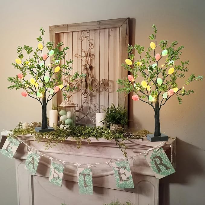 EAMBRITE Easter Decorations Easter Tree with Eggs, 2Ft Tabletop Tree with 24 LED Lights, Lighted Artificial Tree Battery/USB Operated Light up Easter Egg Tree for Spring Home Decor (2 Pack)