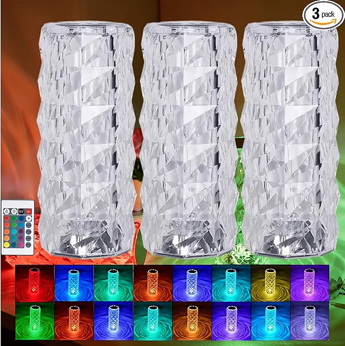 16 Colors Rose Rays Crystal Diamond Table Lamp, Touch Control Acrylic Column Light with Remote, Type-C Rechargeable, 360 Degree Transparent Shade for Bedroom Desk Décor (3, Small)