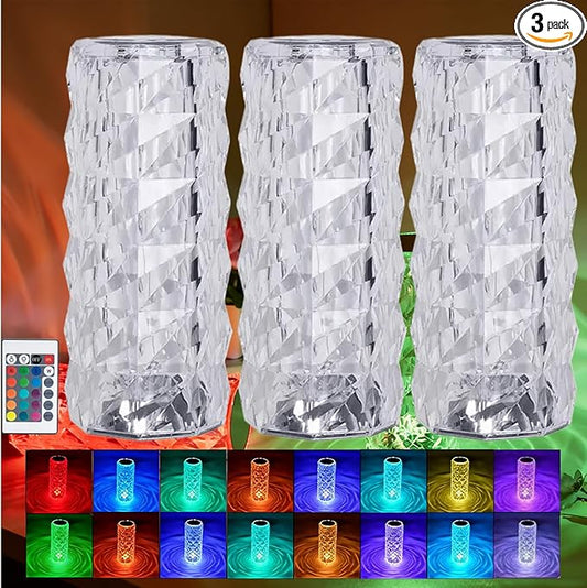 16 Colors Rose Rays Crystal Diamond Table Lamp, Touch Control Acrylic Column Light with Remote, Type-C Rechargeable, 360 Degree Transparent Shade for Bedroom Desk Décor (3, Small)