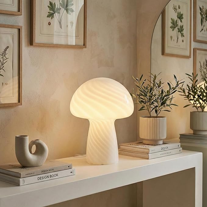 Brightech Mushroom Table Lamp 12.75" - Elegant Modern Glass Lamp for Bedside Tables, Nightstands, Desks, Bookshelves - Cozy Ambient Night Light with Warm White Lamp Living Rooms, Bedrooms - White
