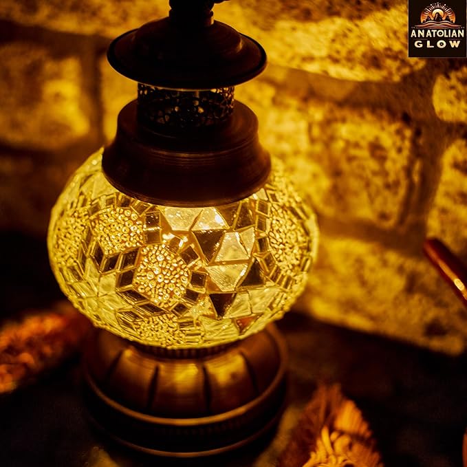Portable Turkish Mosaic Lamp – Handmade Tiffany-Style Glass Light with Bronze Base and LED Bulb – Battery Powered Bedside Decor Lamp (White Star Pattern) – Globe Size 6.5"