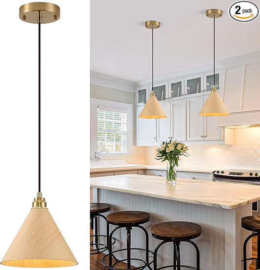 2 Pack Pendant Lights Kitchen Island, 8.3” Small Wood Pendant Light, Adjustable Height Hanging Light Fixtures, Kitchen Island Lights for Dining Room, Bedroom, Hallway, Bar (Natural Wood)