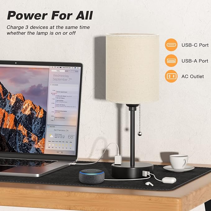 Beige Small Lamps 3 Levels Brightness - 3000K 4000K 5000K Bedside Lamps with USB C and A Ports, Pull Chain Table Lamps with AC Outlet, Nightstand Lamps with Black Metal Base for Bedroom Kids Reading