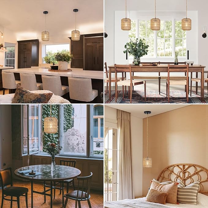 Boho Pendant Lights Kitchen Island Rattan Hanging Lamp with Hand Woven Wicker Small Chandelier Hanging Lights Fixture for Bedroom Kitchen Hallway Foyer 3 Packs