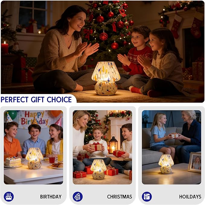Cordless Mushroom Lamp-Modern Small Battery Operated Table Lamp with Timer for Home Decor,Aesthetic Glass Battery Powered Lamp for Bedroom/Kitchen/Living Room/Shelf Decor(White&Blue)