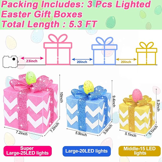 Timer & 8 Mode 3 Pack Easter Decorations, Pink Blue Yellow Easter Lighted Gift Boxes with Eggs Glitter Bow 60 LED Battery Operated Present Box, Easter Decor Spring Party Indoor Outdoor Home