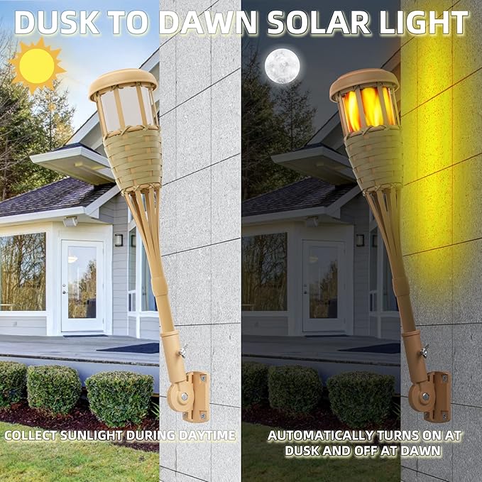 Upgraded Flickering Flames Solar Powered Lights - Solar Torches Waterproof Outdoor Decorative Lighting, Handmade Bamboo Finish, 2-Pack