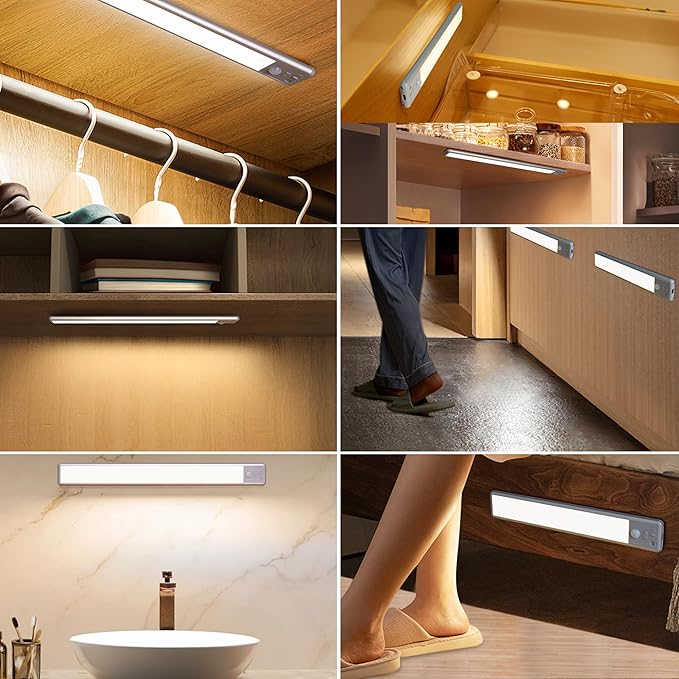 Under Cabinet Lighting, 40 LED Motion Sensor Light Indoor Rechargeable, 1800mAh Closet Lights Battery Operated for Kitchen Cabinets, Shelves, Walls (2 Pack)