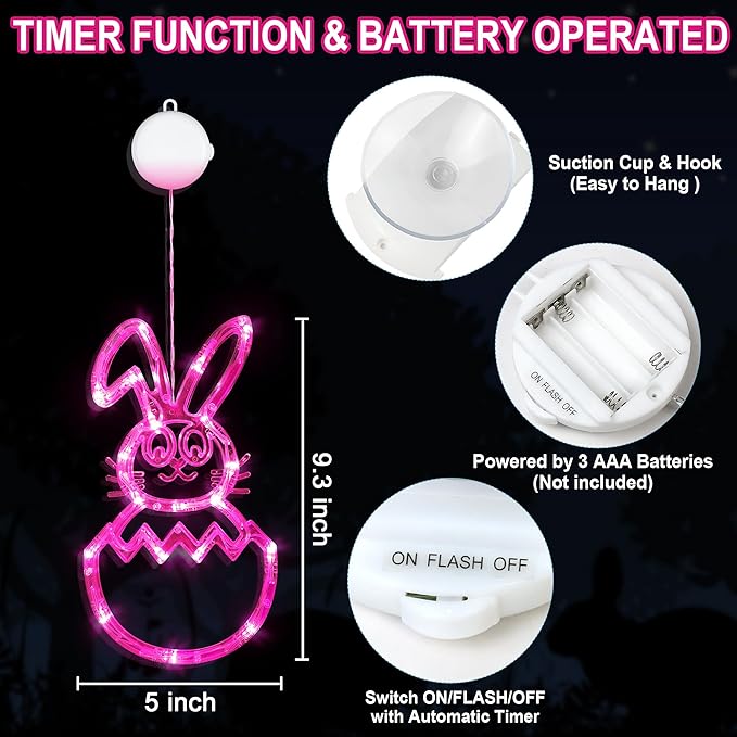 [Timer] Easter Bunny Eggs Window Lights 3 Pack, Blue Pink Yellow Easter Lights Battery Operated with Suction Cup Hook, Hanging Cute Easter Window Decorations for Indoor Home Farmhouse Decor