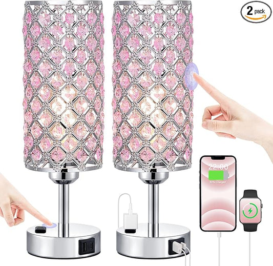Pink Crystal Lamp Set of 2, 3 Way Dimmable Touch Lamp for Bedroom with Crystal Shade, Bedside Nightstand Lamps for Living Room Bedroom Home Office