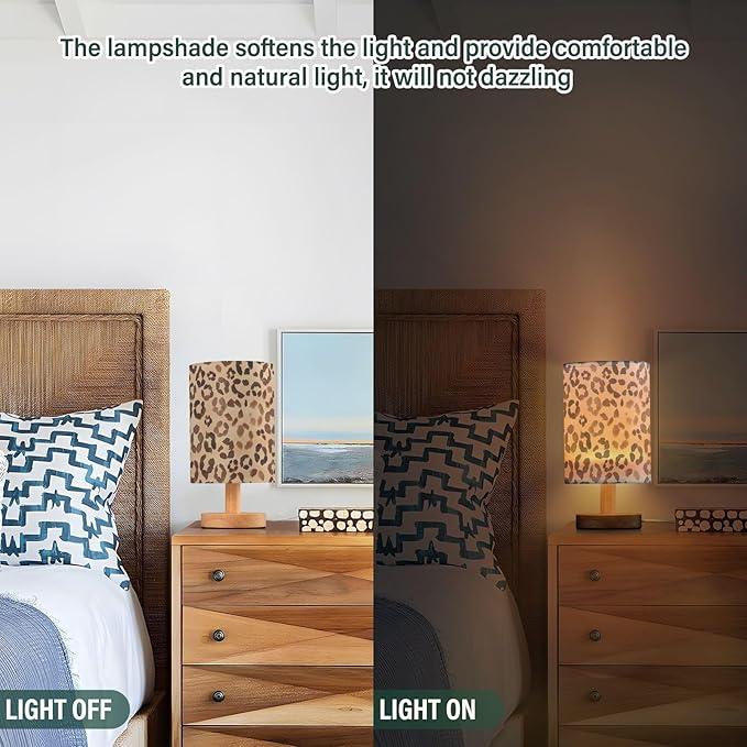 Bedside Table Lamp Leopard Brown Nightstand Lamp with Wood Desk Lamps for Bedroom Living Room Nursery Office Home Decor