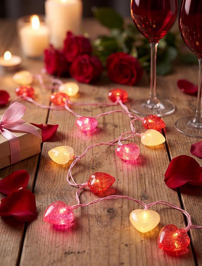 12Ft Heart String Lights, Valentines Day Decorations Lights with 20 LED Glitter Red White Pink Heart Light, Plug in Fairy Lights for Wedding Anniversary Proposal Valentines Day Decor