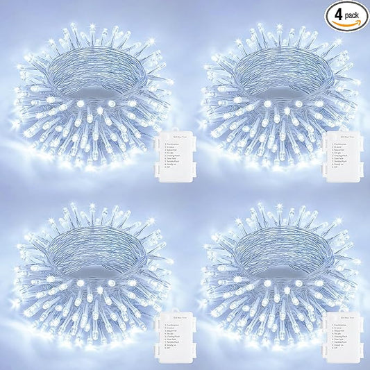 JMEXSUSS 4 Pack 50 LED White String Lights, Each 16.5Ft Battery Outdoor Lights with Timer Waterproof, 8 Modes White Light for Bedroom Wedding Christmas Garden Decor