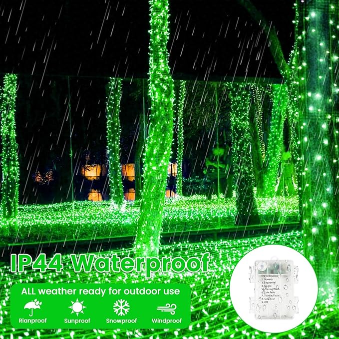 2 Pack Christmas String Lights Battery Operated with Timer, 66FT 200 LED Waterproof Twinkle Lights, 8 Modes Fairy Light for Indoor and Outdoor Bedroom Garland Tree Christmas Decorations (Green)