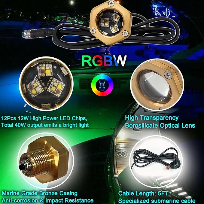 Standard 1/2in NPT Boat Drain Plug Light IP68 Waterproof RGBW Underwater Boat Trailer Light with APP RF Remote Control for Fishing Swimming Divinng, Anti-corrosion,Smart Cooling System