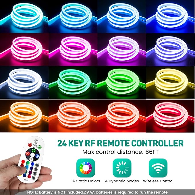 GZBtech RGB LED Neon Rope Lights 50FT/15M, AC 110-120V Waterproof Color Changing LED Rope with Remote Control, Dimmable Multi Color Strip Lighting for Indoor Outdoor Commercial Use, ETL Listed