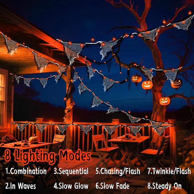 Halloween Lights Battery Operated or USB, Creepy Cloth String Lights with Timer Waterproof 9.8ft 30LED Orange String Lights Halloween Decortions for Fireplace Window Door Mirror
