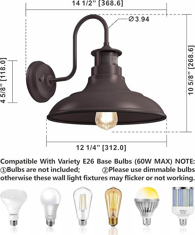2 Pack Farmhouse Gooseneck Wall Sconce Barn Lights,Motion Sensor and Dusk to Dawn Outdoor Wall Mount Lighting Fixtures,3 Modes Exterior Porch Light IP65 Waterproof E26 Matte Brown Wall Lamp for Patio