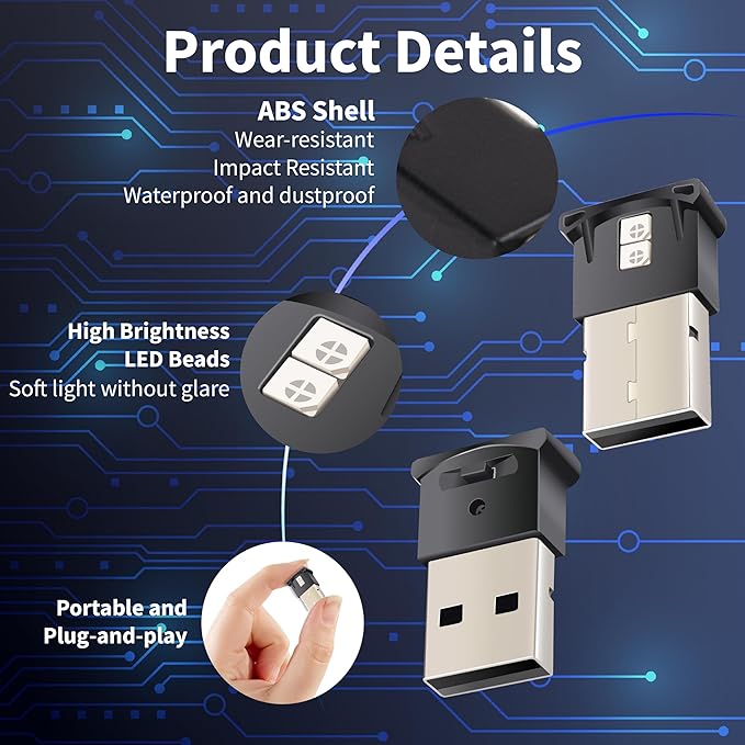 Mini USB LED Car Light, DC 5V Intelligent Interior Car Lights, Atmosphere Lamp for Car, Plug-in Interface, Suitable for Car, Laptop Keyboard, Home Office, Adjustable Brightness (USB-A*2)
