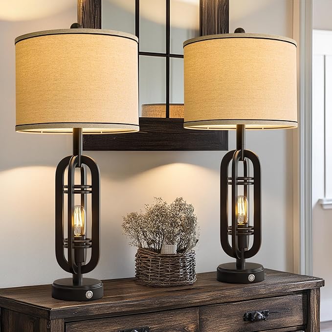 27.25'' Table Lamps Set of 2 for Living Room Bedroom Industrial Farmhouse Metal Touch Lamps with USB A+C Ports, Night Light Vintage Nightstand Bedside Lamp, Bulbs Included, Black