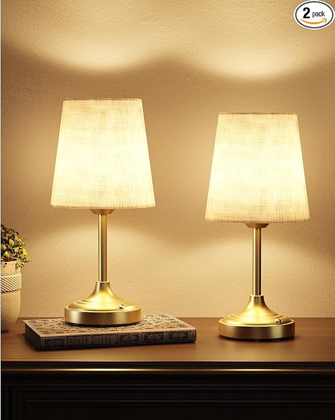 EZVALO Rechargeable Table Lamp, 2-Pack, 8000mAh, Ambient Light, Small, Touch Control, Dimmable, 2700K, Portable, LED, Battery, Cordless, Desk Lamp, Kitchen Lamp, Fabric Shade, for Dining Room