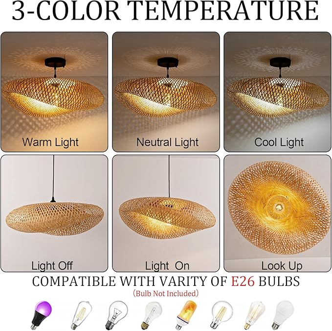 Hand Woven Bamboo Pendant Light,23.62 in Bamboo Rattan Ceiling Hanging Light Hand Woven Wicker Chandelier for Living Room Kitchen Dining Room Farmhouse