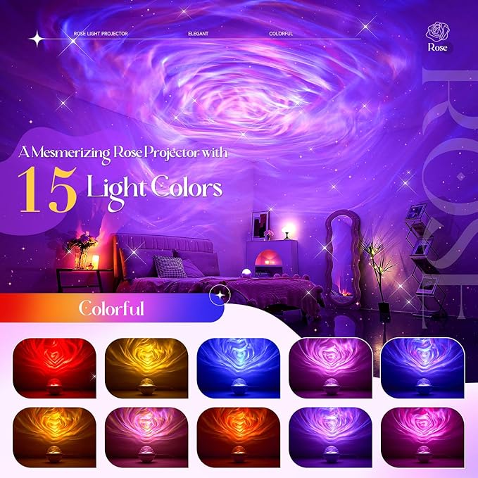 PIKOY 15 Colors Rose Sunset Lamp Projector, Dimmable Mood Lighting, Romantic Northern Lights Projector for Bedroom with Remote, Birthday Gifts for Teen Girl Gifts Trendy Stuff, Flower Bedroom Decor