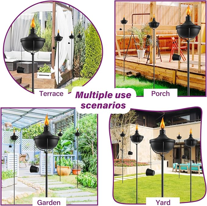 24 Oz Home Garden Torch Set of 6, Outdoor Metal Torch Garden Décor,55-Inch Upgraded Citronella Torches with 3-Prong Grounded Stake, Metal Light Torches for Party Patio Pathway
