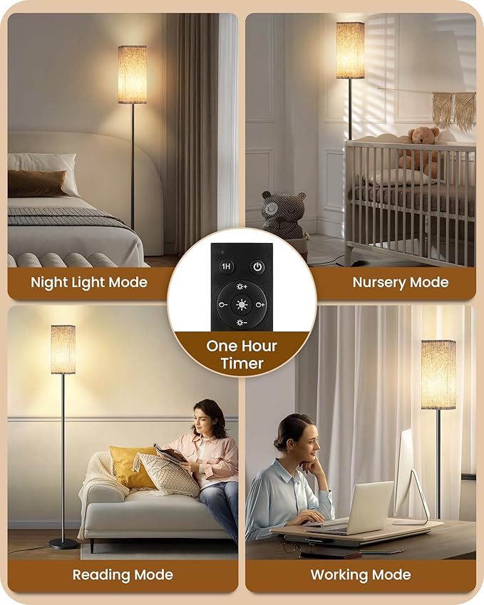 64.2” Dimmable Floor Lamp for Living Room with Remote and Foot Switch, Corner Floor Lamp for Bedroom, Includes 10W A19 Bulb, Modern Standing Tall Lamp, ETL Listed Beige and Black E17LD05