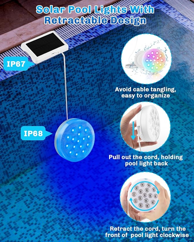 Solar Pool Lights, Upgraded USB Rechargeable Submersible LED Lights with Remote, 4.55 Inch Stretchable IP68 Waterproof 22 Colors Changing Pool LED Lights with Magnet for Inground Pools 2 Pack