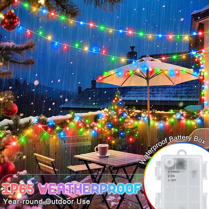 Christmas Lights Outdoor with Timer, Battery Operated Christmas Lights 16.4ft 50LED Christmas Decorations for Small Mini Christmas Tree Multicolor