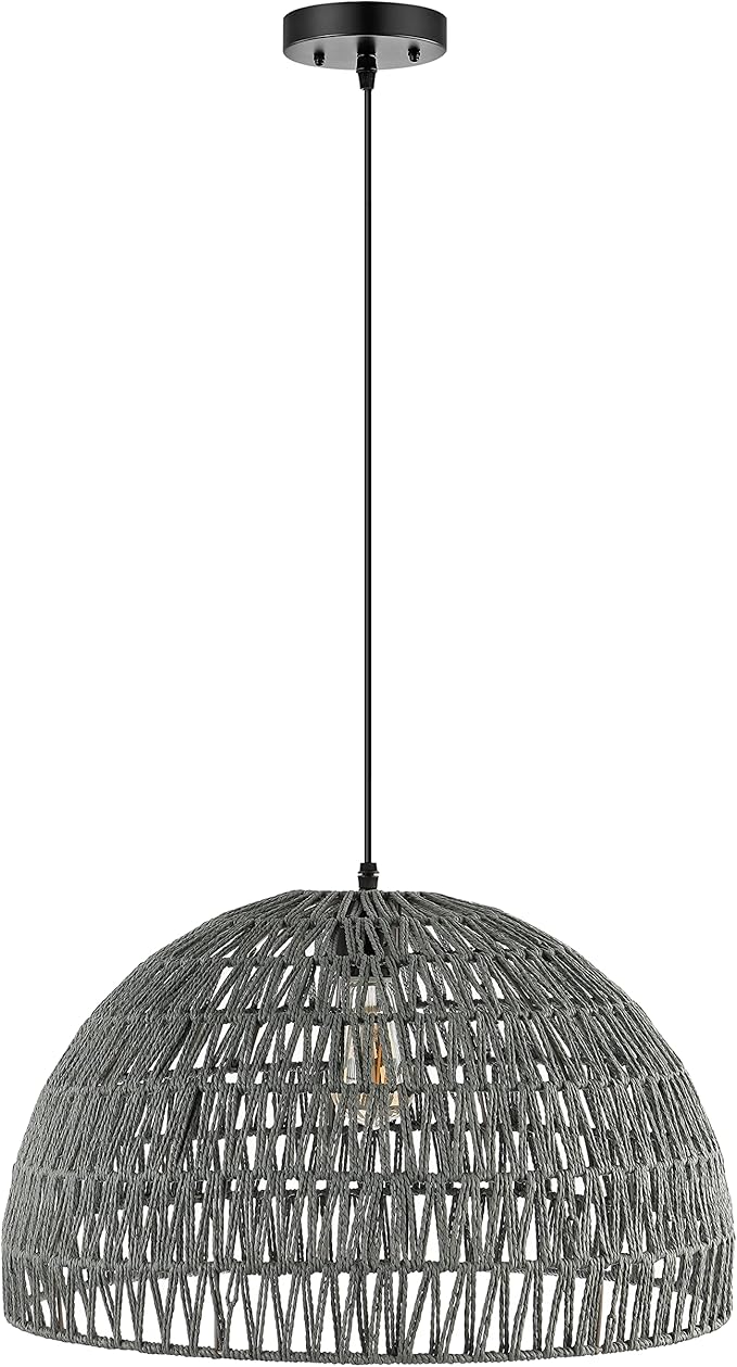 JONATHAN Y 20" Gray Modern Bohemian Woven Rope LED Pendant Light Fixture, Adjustable Dome Ceiling Lamp for Kitchen Island, Rope Shade, Coastal Farmhouse Decor (JYL6504D)
