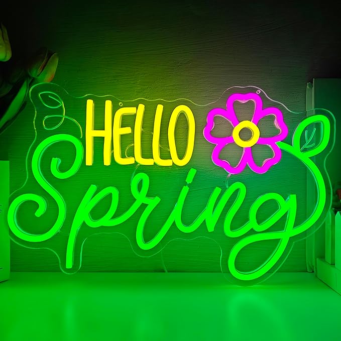 Hello Spring Neon Sign Daisy Flower Led Signs Dimmable Hello Spring Sign Springs Welcome Neon Lights Easter Decorations for Home Office Classroom Party