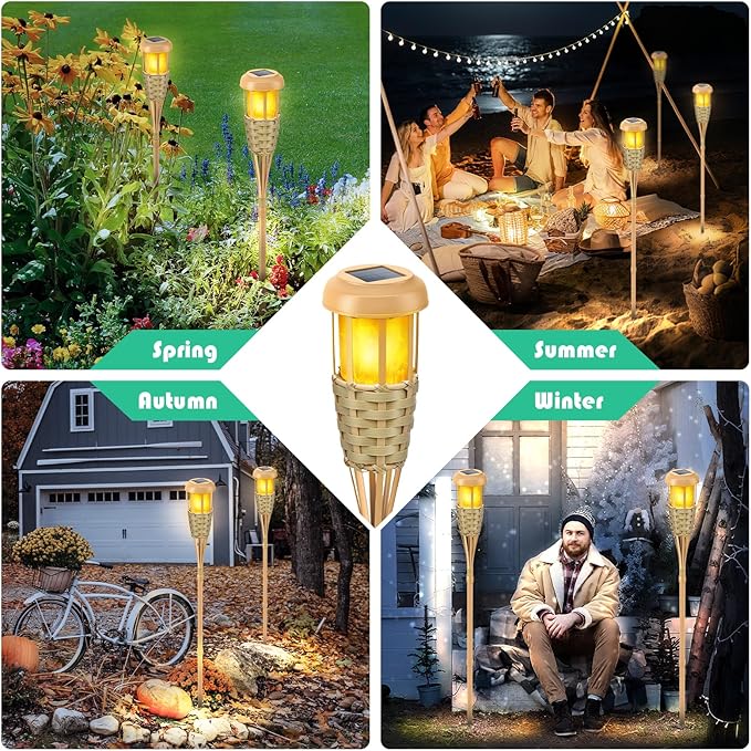 Flickering Flames Solar Powered Lights - Upgraded Solar Torches Waterproof Outdoor Decorative Lighting Auto On/Off, Handmade Bamboo Finish, 2-Pack