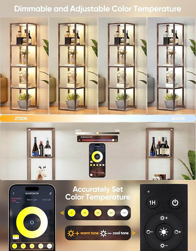 PARTPHONER Floor Lamp Glass Display Shelf with Remote/APP Control, Dimmable LED Floor Lamp with Shelves, Open Display Cabinet, Color Temp Control (2700K-6000K), Oak Gray