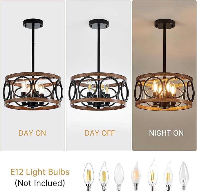 4-Light Farmhouse Drum Pendant Light,12.6'' Nature Wood Texture Vintage Rustic Chandeliers Black Metal Industrial Hanging Light Fixtures for Entryway, Bedroom Dining Room