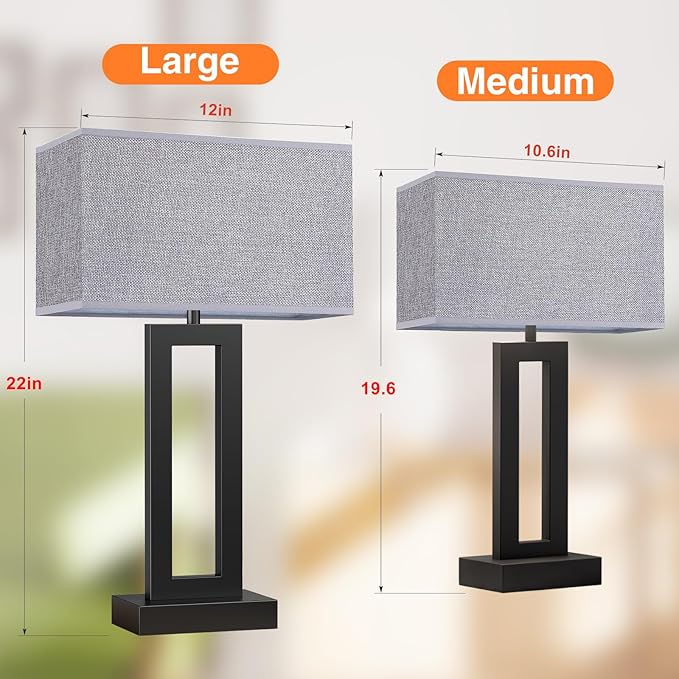 Seealle 22" Tall Living Room Lamps for Night Stands - Touch Bedside Lamp with USB C+A, 3 Way Dimmable Bedroom Lamps for End Tables Set of 2, Modern Night Stand Lamps for Bed Side(Grey&Black)