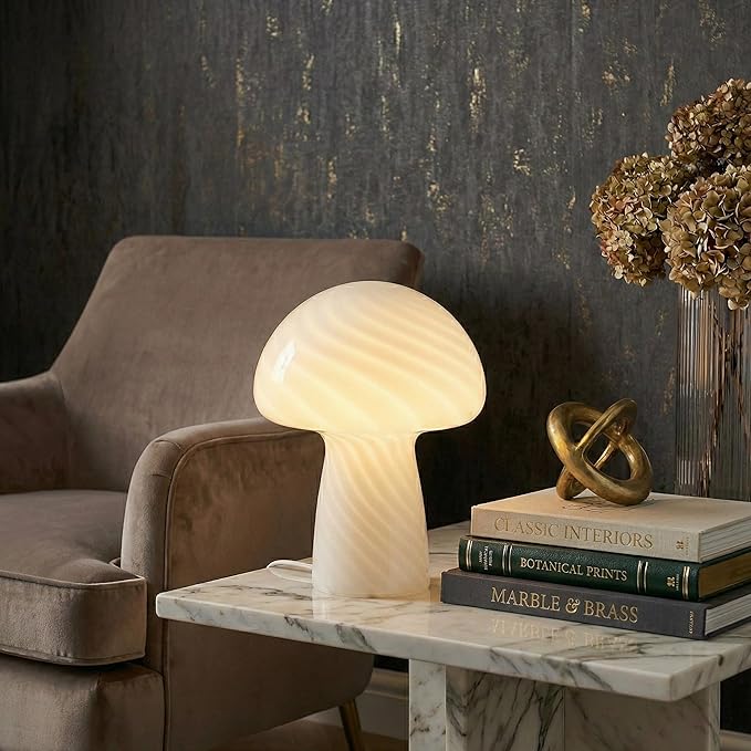 Brightech Mushroom Table Lamp 12.75" - Elegant Modern Glass Lamp for Bedside Tables, Nightstands, Desks, Bookshelves - Cozy Ambient Night Light with Warm White Lamp Living Rooms, Bedrooms - White