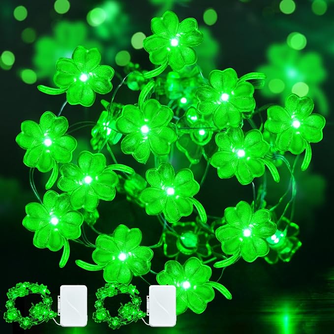 ZGWJ St Patricks Day Decorations Shamrocks String Lights Battery Operated, 2 Pack 50LED 16FT Waterproof Fairy Lights Lucky Clover Green for Bedroom,Party Decor,Green,2PCS