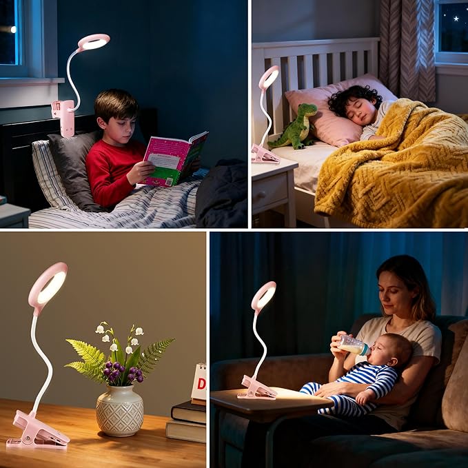 Desk Lamp LED Clip on Light, 5 Modes 5 Brightness Dimmable Clamp Light, Rechargeable Battery Flexible Clip on Reading Lamp for Bed Headboard Bunk Bed at Night for Kids (Pink)
