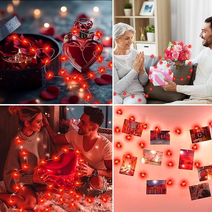 ZGWJ Valentines LED Fairy Lights, 1 Pack 50LED 16FT Red Heart String Lights Battery Operated,Waterproof Valentines Lights for Wedding Party,Mother's Day Decor Indoor Outdoor Decoration