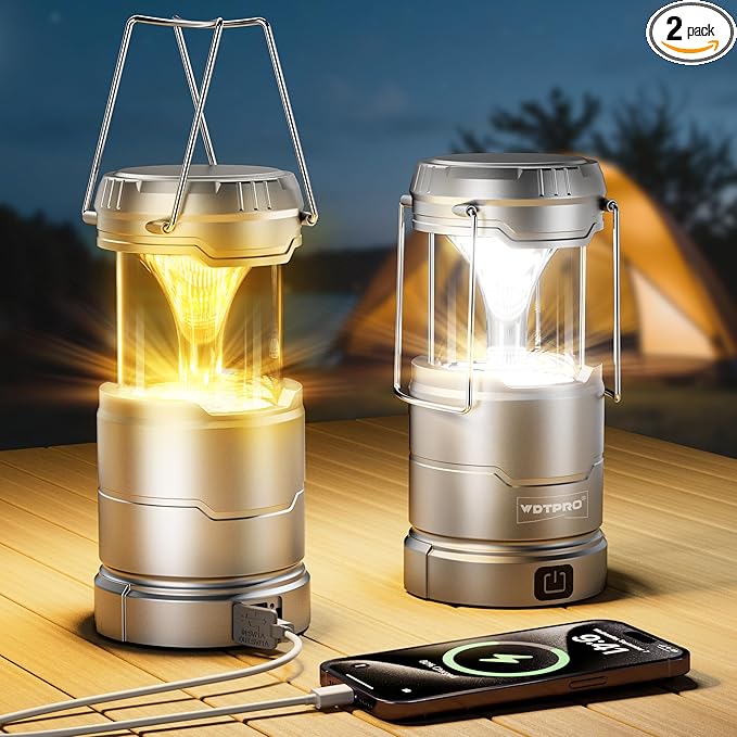 2 Pack Camping Lantern Rechargeable Collapsible, 1000LM 65 LED 3 Light Modes Camping Lights, Stepless Dimming, Waterproof Portable Lanterns for Camping Power Outages Tent Emergency Home Hiking