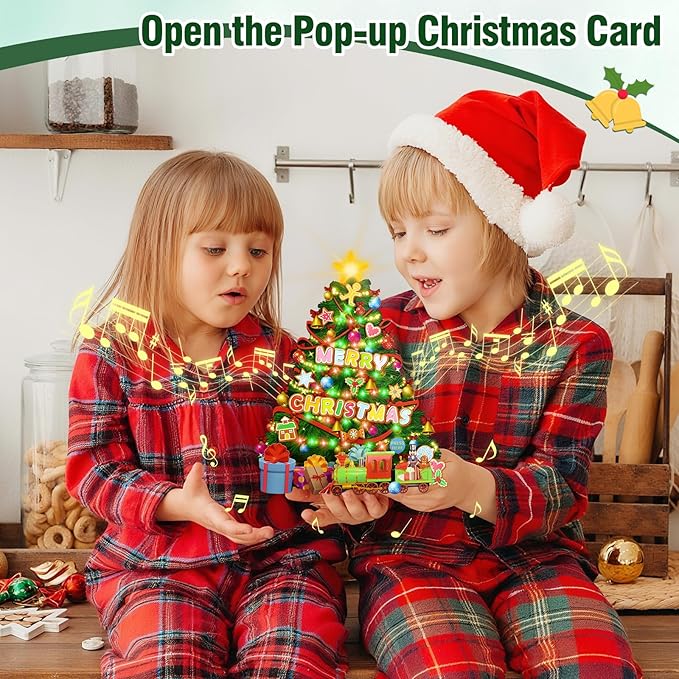 FaCraft Musical Christmas Tree Cards, 10" x 8" Handmade 3D Pop Up Christmas Card, Xmas Decoration, Easy to Stand Up, Lights Blinking Modes, with Envelope, Blank Insert and Seal, for Winter, Holidays