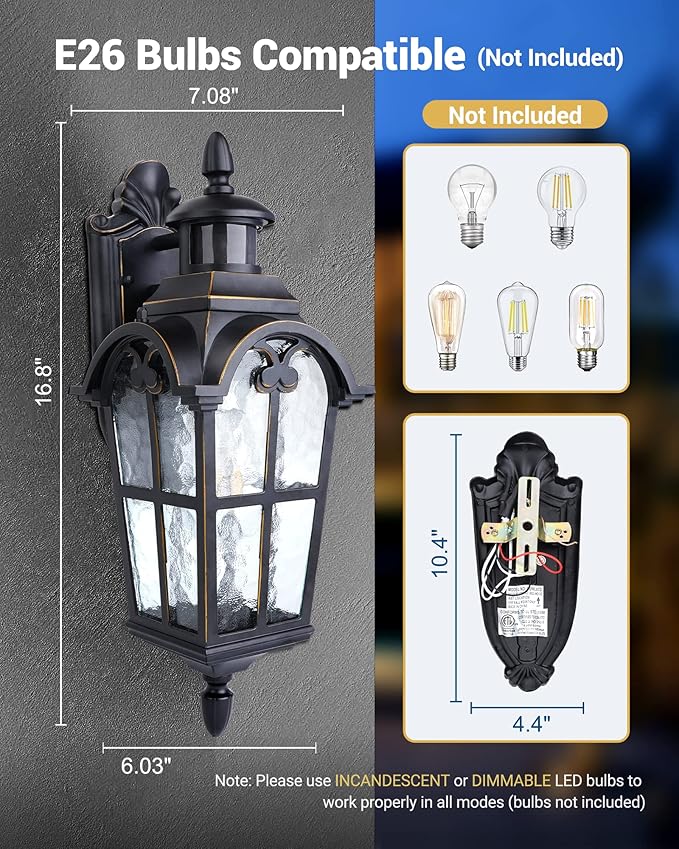 DEWENWILS Motion Sensor Outdoor Wall Lights, 2-Pack Dusk to Dawn Exterior Lantern Fixture, Roman Vintage Wall Mount Waterproof Porch Light, Water Ripple Glass, for Front Door Garage Patio