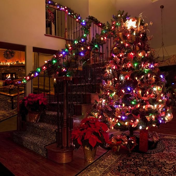 12FT C7 Multicolor Christmas Lights Outdoor, Waterproof LED Plug in String Lights with 12 Shatterproof Bulbs for Porch, Railing, Staircase, Patio, Holiday Decor