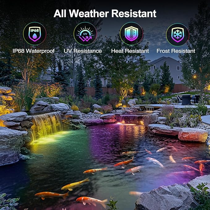 Pond Light LED Underwater with 12V Transformer, 6W Turtle Pond Lights with APP, IP68 Waterproof Fountain Lights with Long Cables for Ponds Fountain Waterfall Yard Water Feature, 4 SpotLights