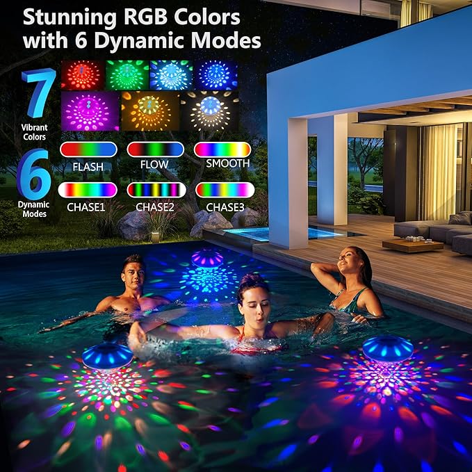 Rechargeable Floating Pool Lights (1 Pack) - Pool Light with Vibrant RGB Colors, IP68 Waterproof Floating Lights, Upper and Lower Color Changing Led Lights for Pools, Hot Tubs and Garden