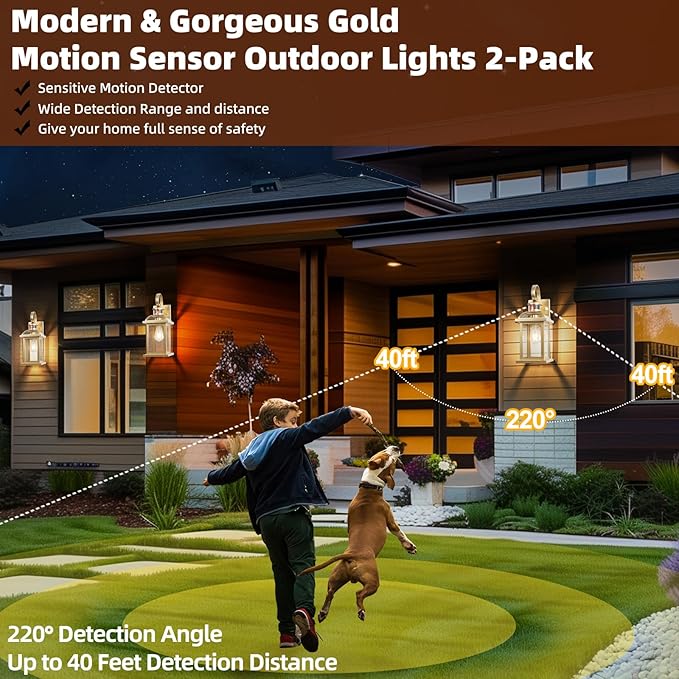 Gold Motion Sensor Outdoor Light Fixtures Dusk to Dawn 2-Pack, 16 Inch Brass Outdoor Wall Sconces Photocell Outside Lights for House Front Porch Lights Carriage Coach Lights Courtyard
